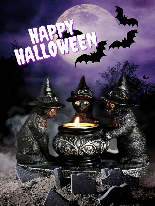 Halloween Witch Cat Candle Holder Decor